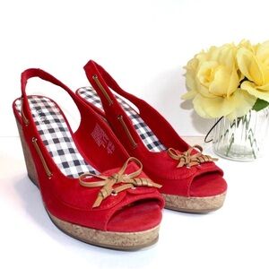 Dexter Red Slingback Wedge Sandals Women Size 8.5 Open Toe Cork Platform Heels